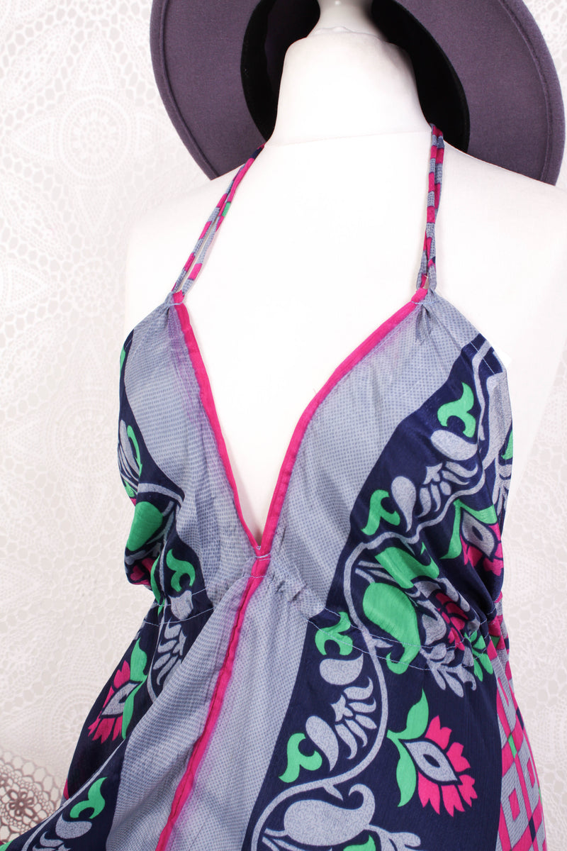 Blossom Mini Halter Dress - Vintage Indian Sari - Moonlight, Inky Blue & Pink Graphic - XL