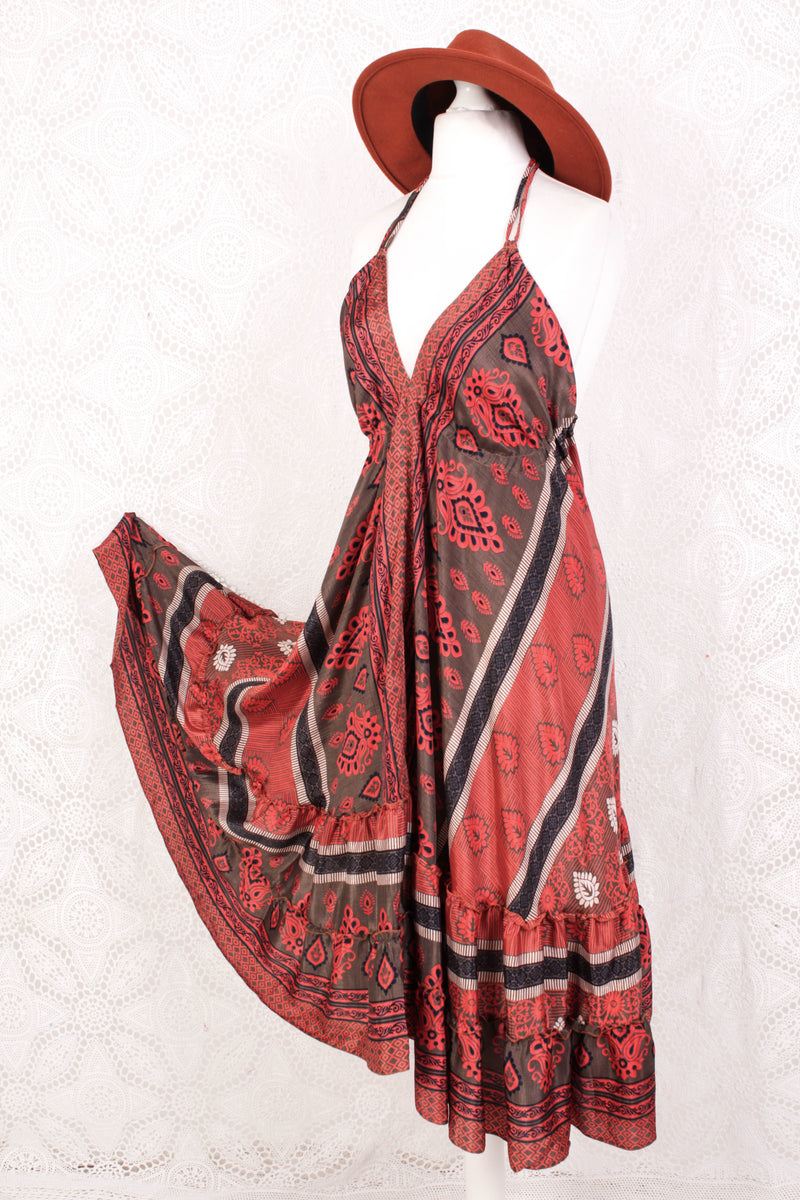 Blossom Mini Halter Dress - Vintage Indian Sari - Hazelwood & Coral Floral Paisley - XL