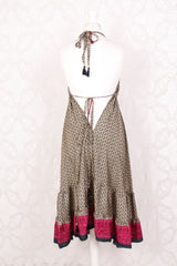 Blossom Mini Halter Dress - Vintage Indian Sari - Sand, Indigo & Pink Graphic - XL
