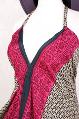 Blossom Mini Halter Dress - Vintage Indian Sari - Sand, Indigo & Pink Graphic - XL