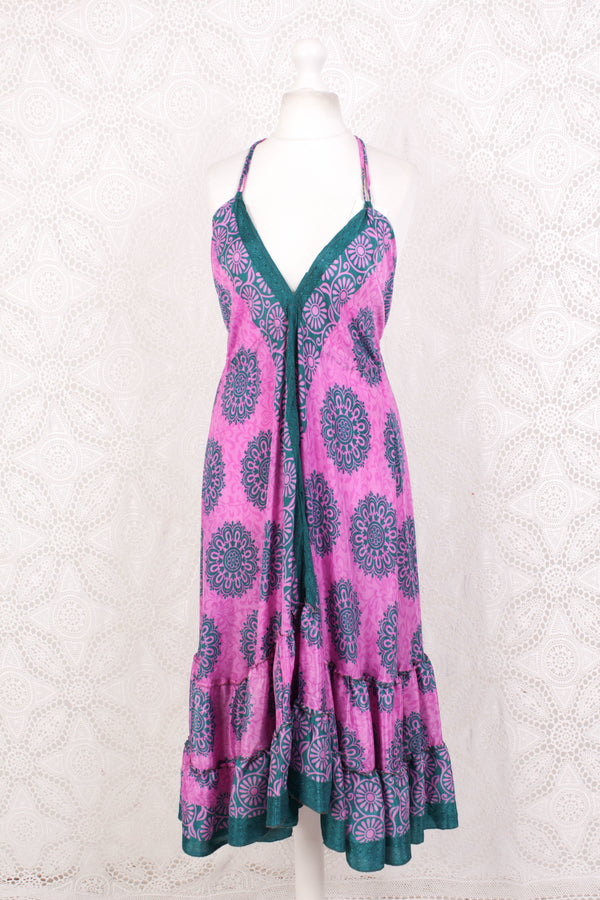 Blossom Mini Halter Dress - Vintage Indian Sari - Pink Rose & Teal Floral Motif - XL