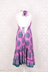 Blossom Mini Halter Dress - Vintage Indian Sari - Pink Rose & Teal Floral Motif - XL