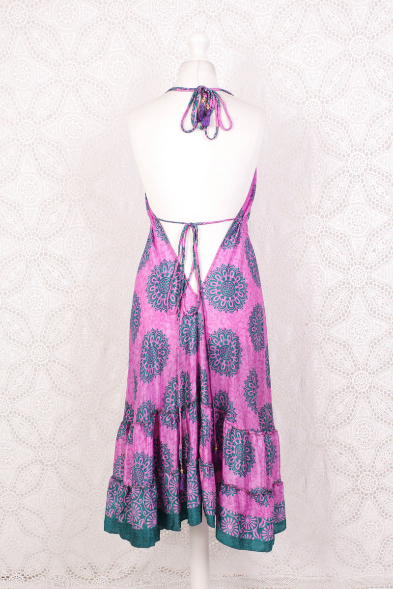Blossom Mini Halter Dress - Vintage Indian Sari - Pink Rose & Teal Floral Motif - XL