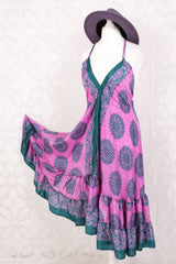 Blossom Mini Halter Dress - Vintage Indian Sari - Pink Rose & Teal Floral Motif - XL