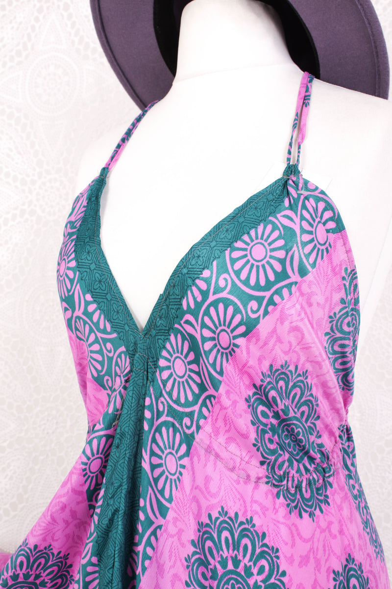 Blossom Mini Halter Dress - Vintage Indian Sari - Pink Rose & Teal Floral Motif - XL