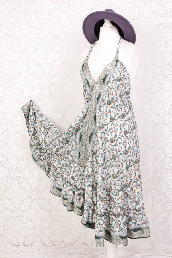 Blossom Mini Halter Dress - Vintage Indian Sari - Crisp Frost, Pine & White Gold Paisley Embroidery - S/M