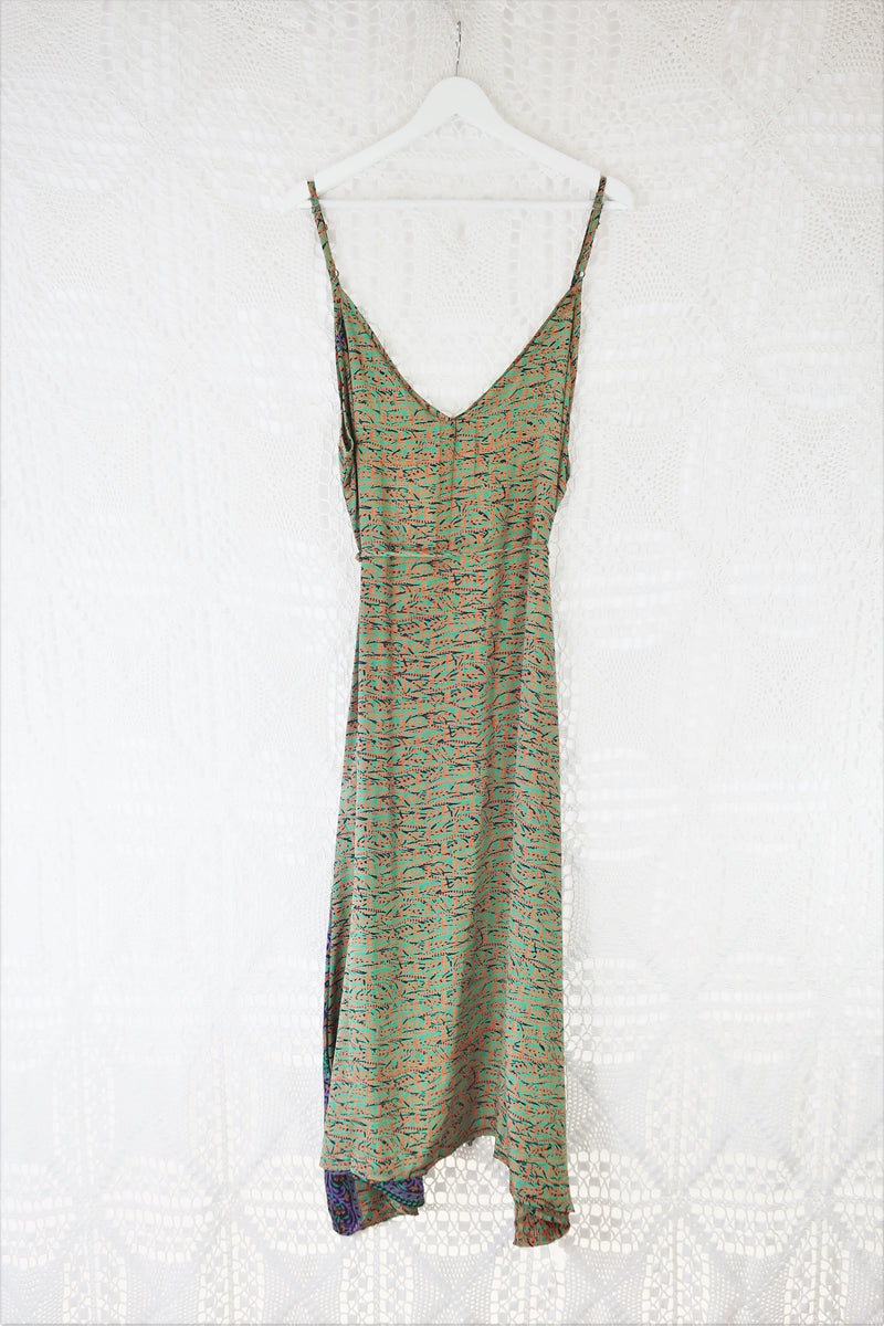 Jamie Dress - Indian Sari Slip Dress - Green & Orange Graphic - Size L/XL
