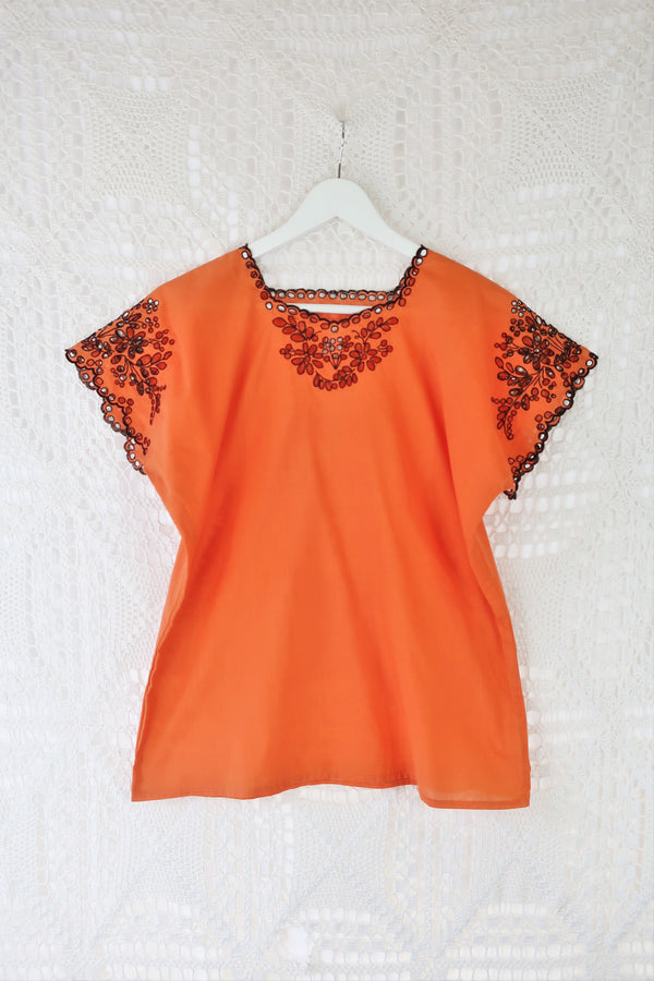 70's Vintage - Embroidered Kaftan Blouse - Orange & Black - Size L
