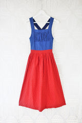 Adorable Vintage Cross-Over Back Pinafore Dress - Blue Tartan & Red Floral - XXS