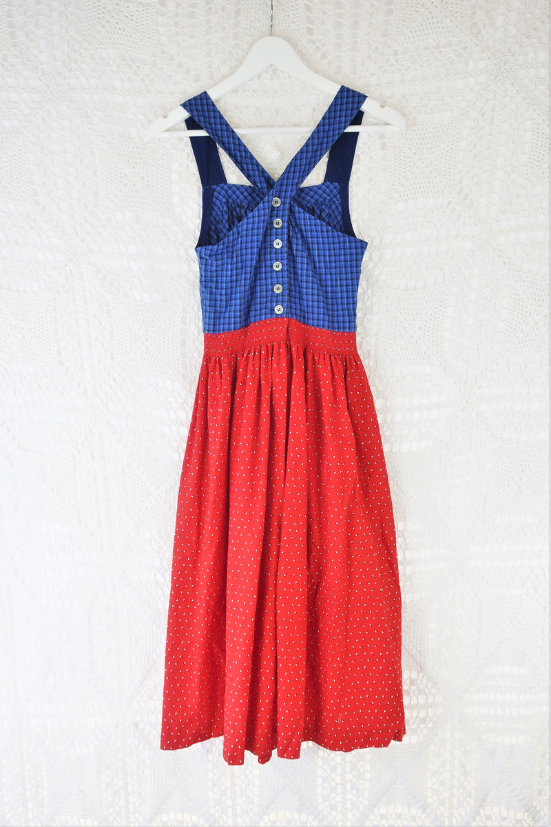 Adorable Vintage Cross-Over Back Pinafore Dress - Blue Tartan & Red Floral - XXS