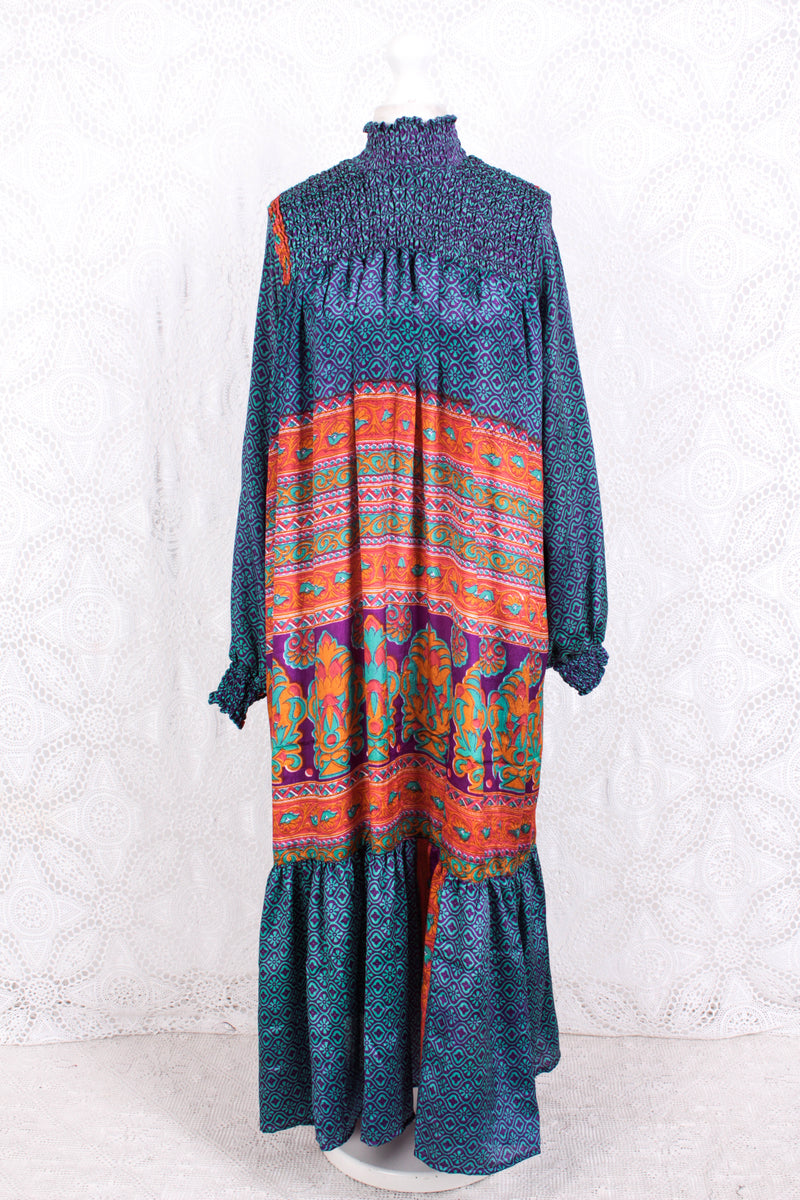 Mona Maxi Dress - Vintage Indian Sari - Violet, Turquoise & Peach Nouveau - Free Size