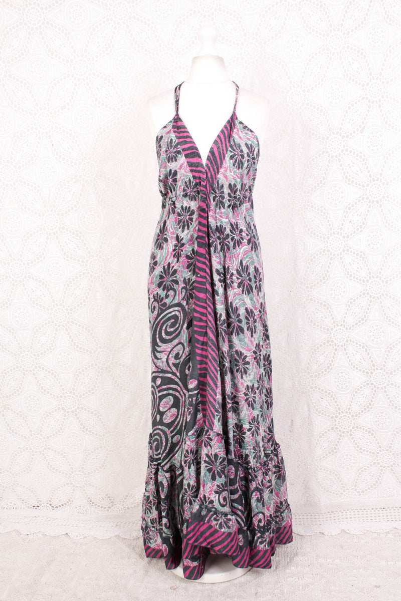 Blossom Maxi Halter Dress - Vintage Indian Sari - Graphite, Pink & Mint Floral - Free Size