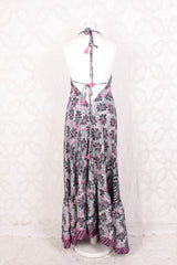 Blossom Maxi Halter Dress - Vintage Indian Sari - Graphite, Pink & Mint Floral - Free Size