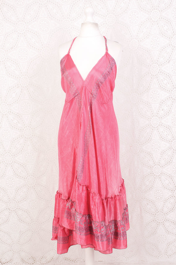 Blossom Mini Halter Dress - Vintage Indian Sari - Sweet Pink & Silver Print - XL