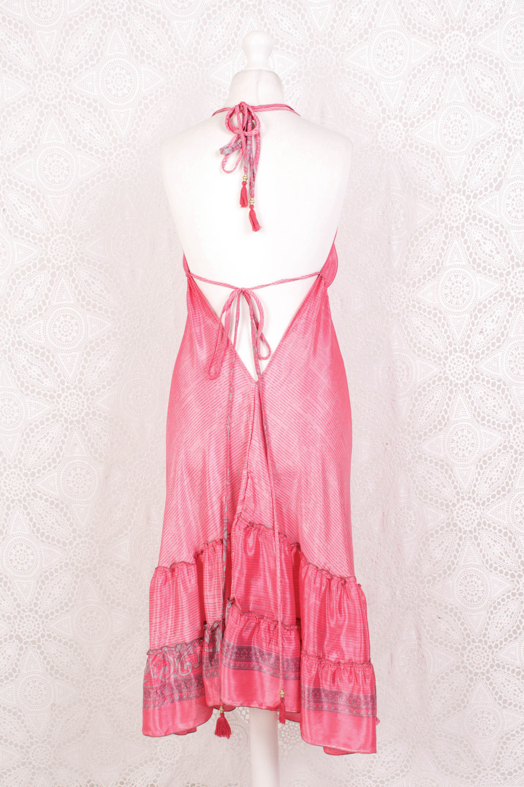 Blossom Mini Halter Dress - Vintage Indian Sari - Sweet Pink & Silver Print - XL