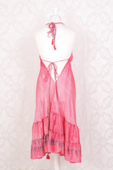 Blossom Mini Halter Dress - Vintage Indian Sari - Sweet Pink & Silver Print - XL