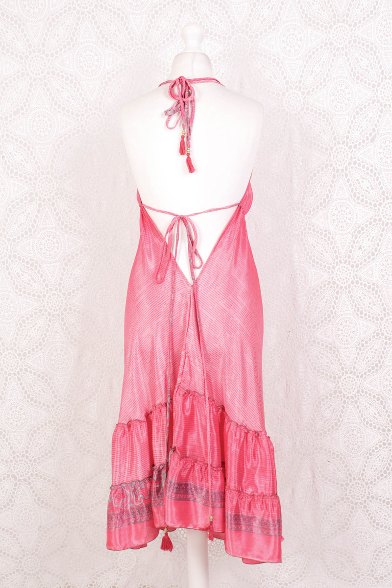 Blossom Mini Halter Dress - Vintage Indian Sari - Sweet Pink & Silver Print - XL