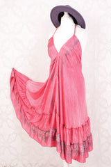 Blossom Mini Halter Dress - Vintage Indian Sari - Sweet Pink & Silver Print - XL