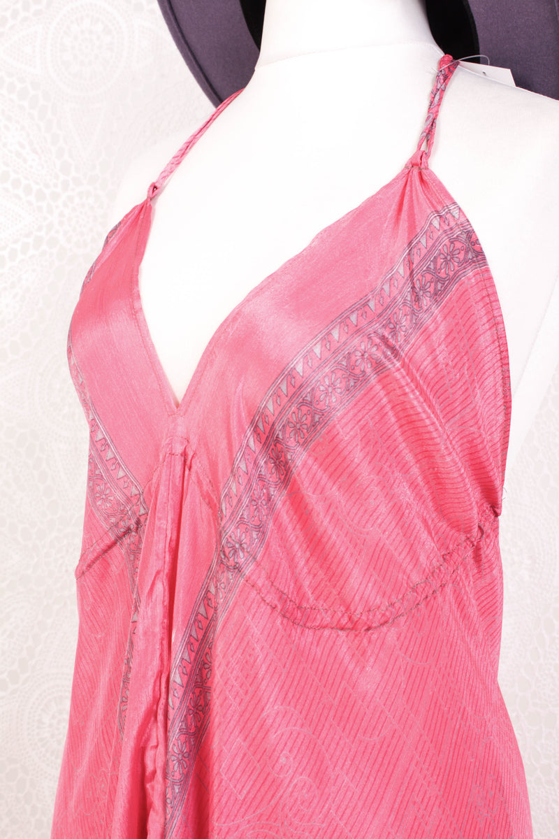 Blossom Mini Halter Dress - Vintage Indian Sari - Sweet Pink & Silver Print - XL