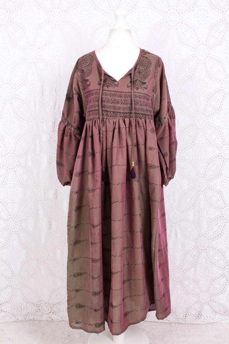 Daisy Midi Smock Dress - Vintage Indian Cotton - Irridecent Purple & Green - XS