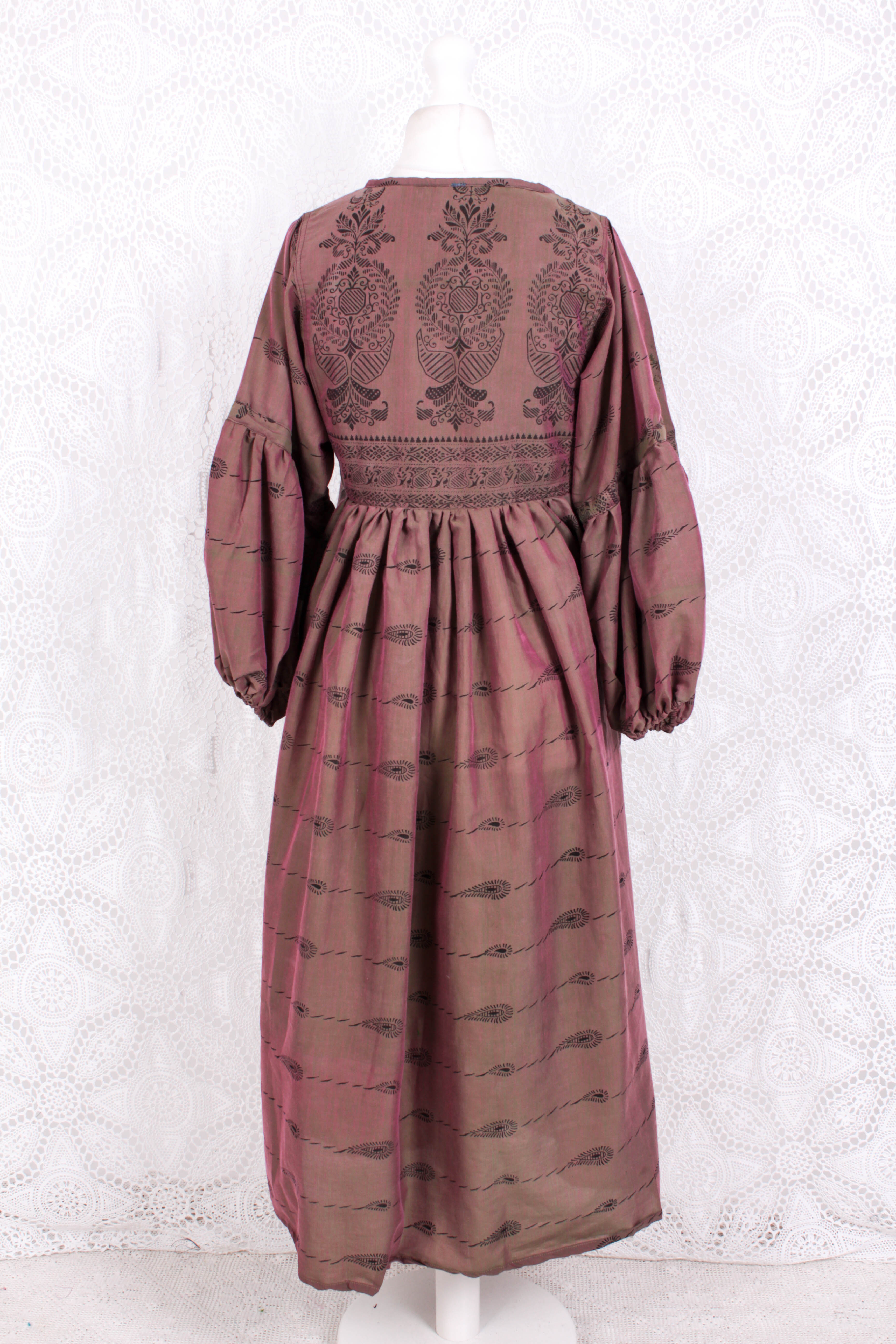 Daisy Midi Smock Dress - Vintage Indian Cotton - Irridecent Purple & Green - XS