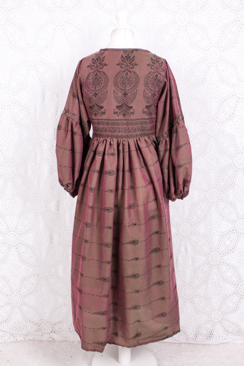Daisy Midi Smock Dress - Vintage Indian Cotton - Irridecent Purple & Green - XS