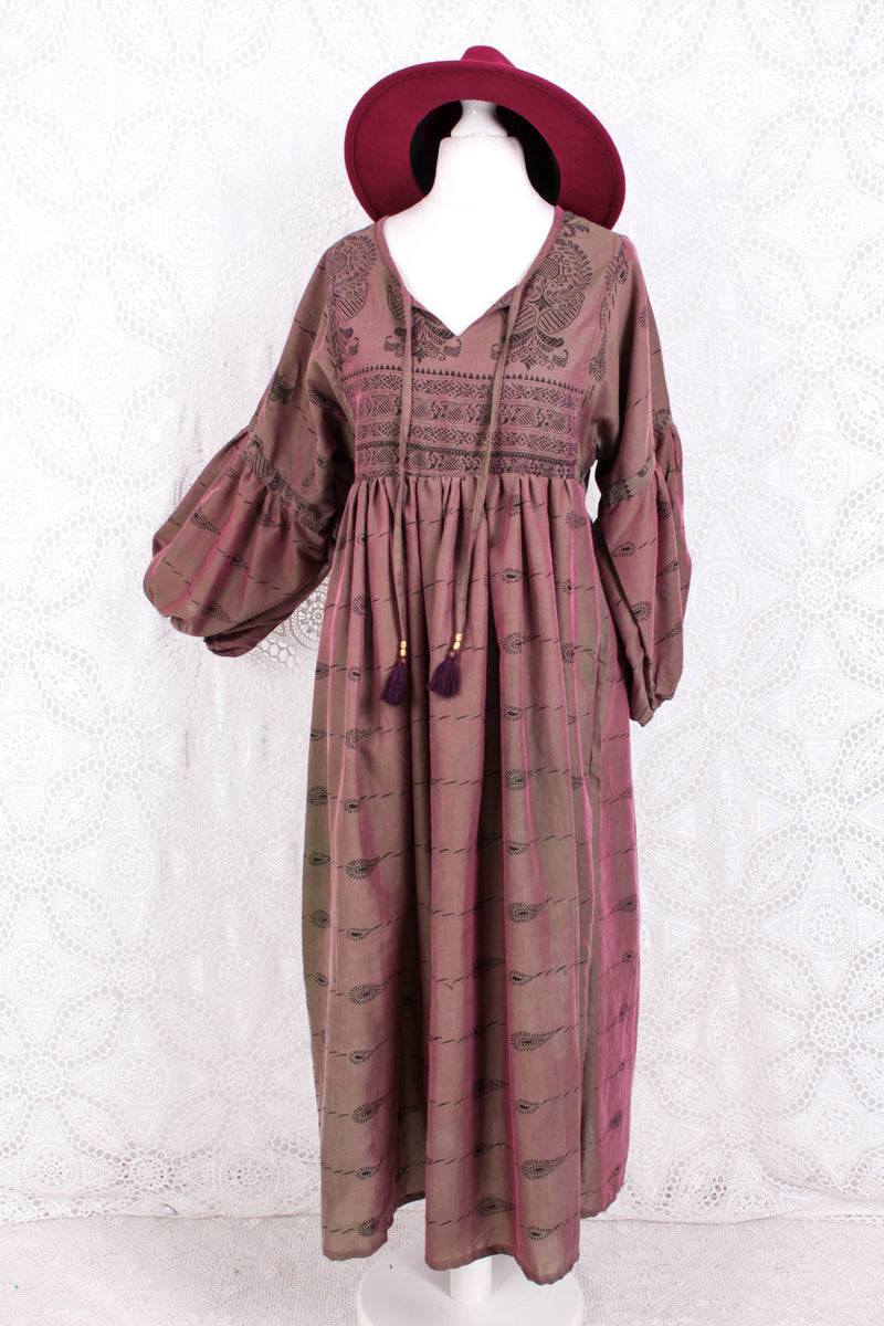 Daisy Midi Smock Dress - Vintage Indian Cotton - Irridecent Purple & Green - XS