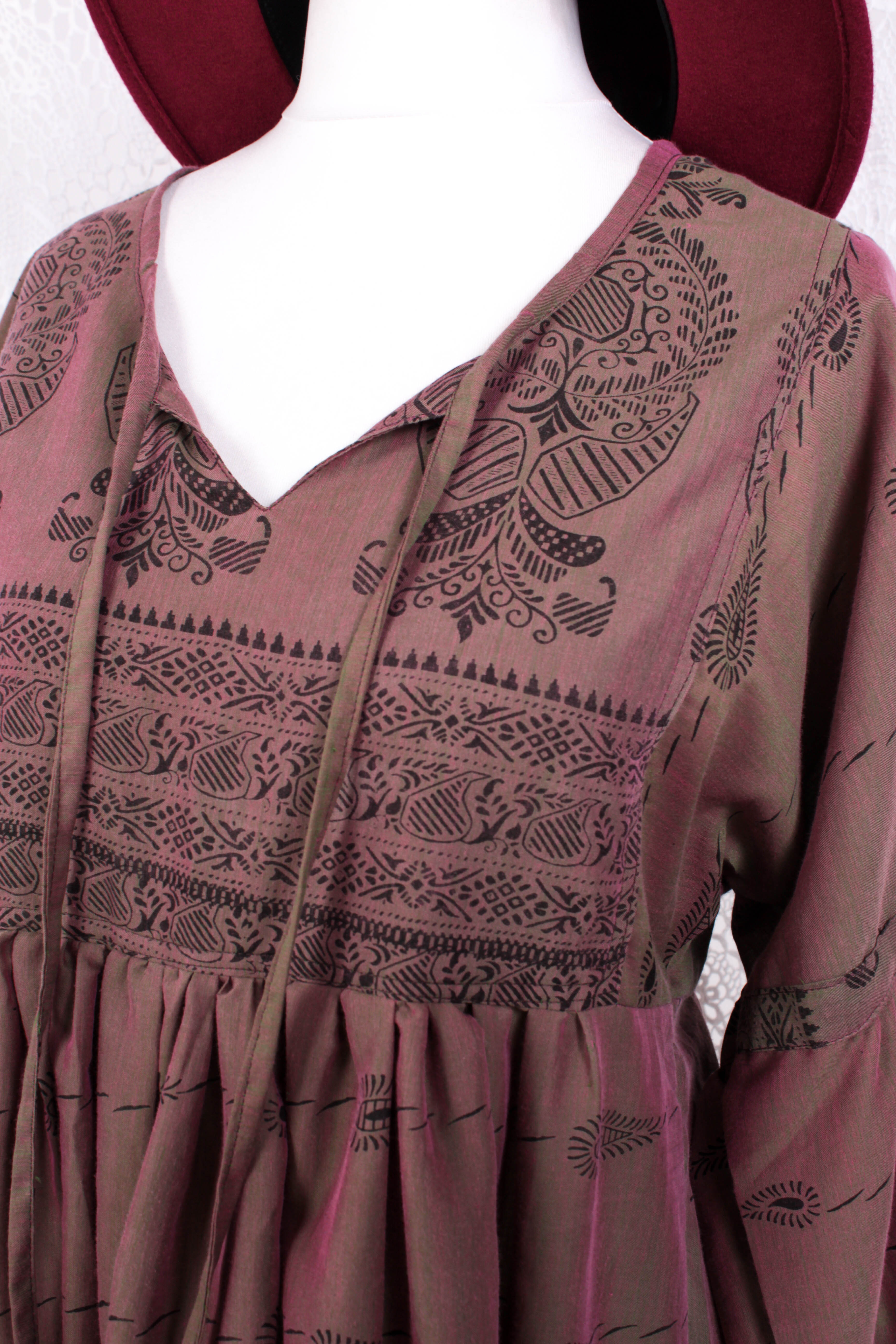 Daisy Midi Smock Dress - Vintage Indian Cotton - Irridecent Purple & Green - XS