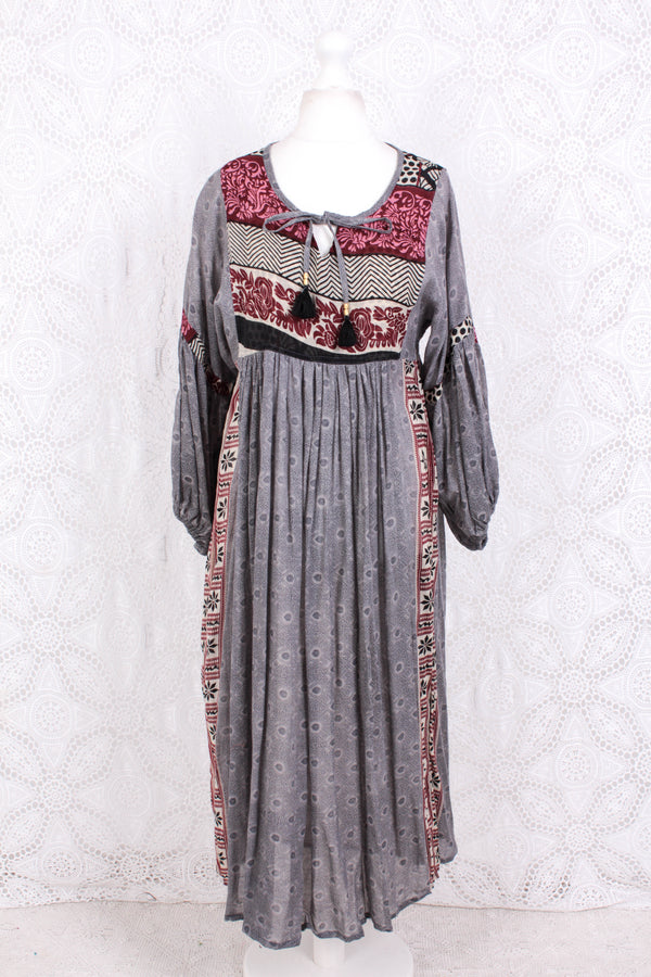 Daisy Midi Smock Dress - Vintage Indian Cotton - Moonlight Grey Victorian Tiles - XS