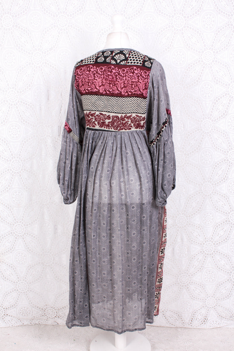 Daisy Midi Smock Dress - Vintage Indian Cotton - Moonlight Grey Victorian Tiles - XS