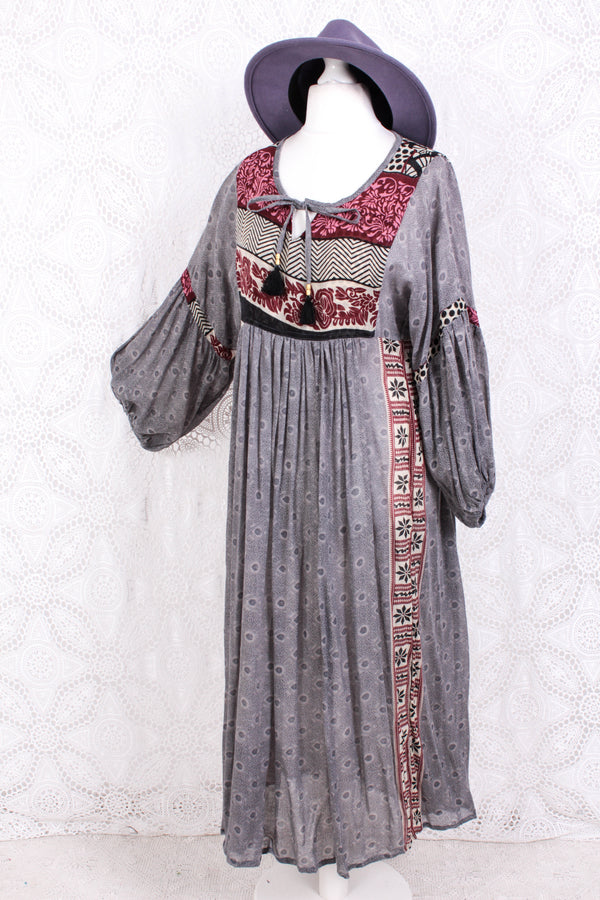 Daisy Midi Smock Dress - Vintage Indian Cotton - Moonlight Grey Victorian Tiles - XS