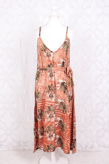 Jamie Dress - Indian Sari Slip Dress - Taupe, Tan & Burnt Orange Floral - Size M/L