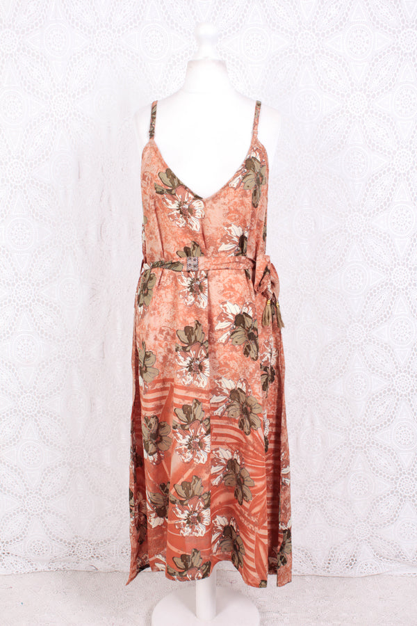 Jamie Dress - Indian Sari Slip Dress - Taupe, Tan & Burnt Orange Floral - Size M/L