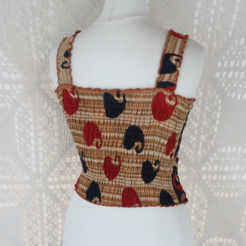 Rosa Ruched Top - Vintage Indian Cotton - Bleached Clay, Navy & Red Graphic - Free size