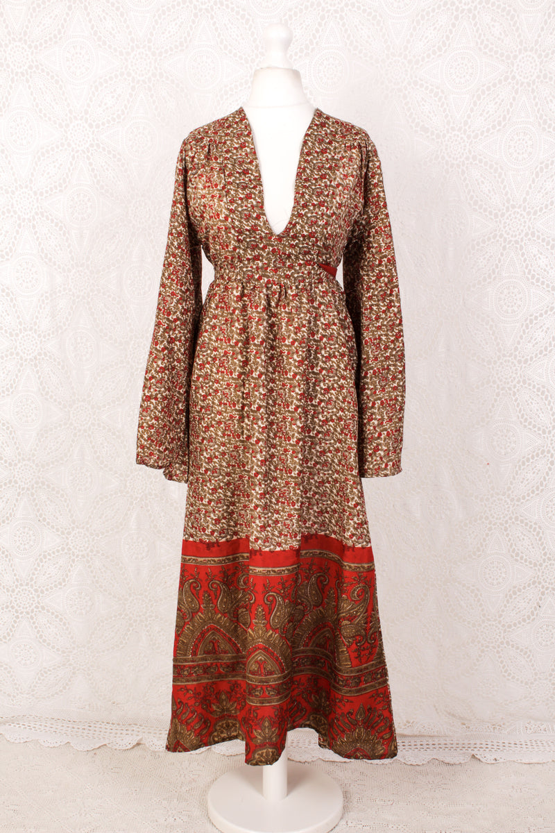 Stevie Maxi Dress - Vintage Indian Sari - Ivory, Red & Olive Floral Paisley - XS