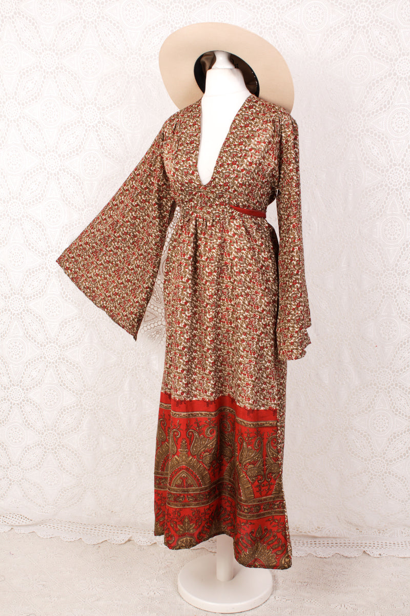Stevie Maxi Dress - Vintage Indian Sari - Ivory, Red & Olive Floral Paisley - XS