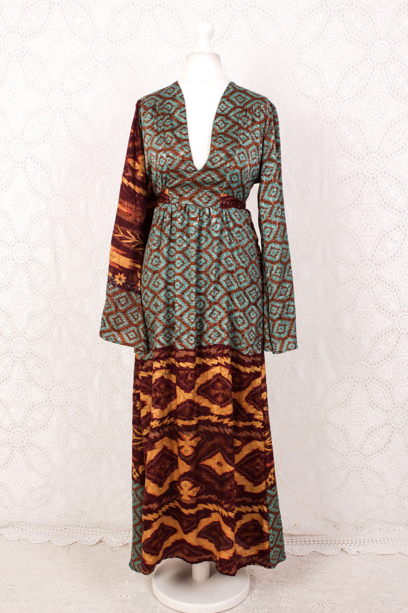 Stevie Maxi Dress - Vintage Indian Sari - Clay, Teal, Plum & Yellow Shimmer - XS