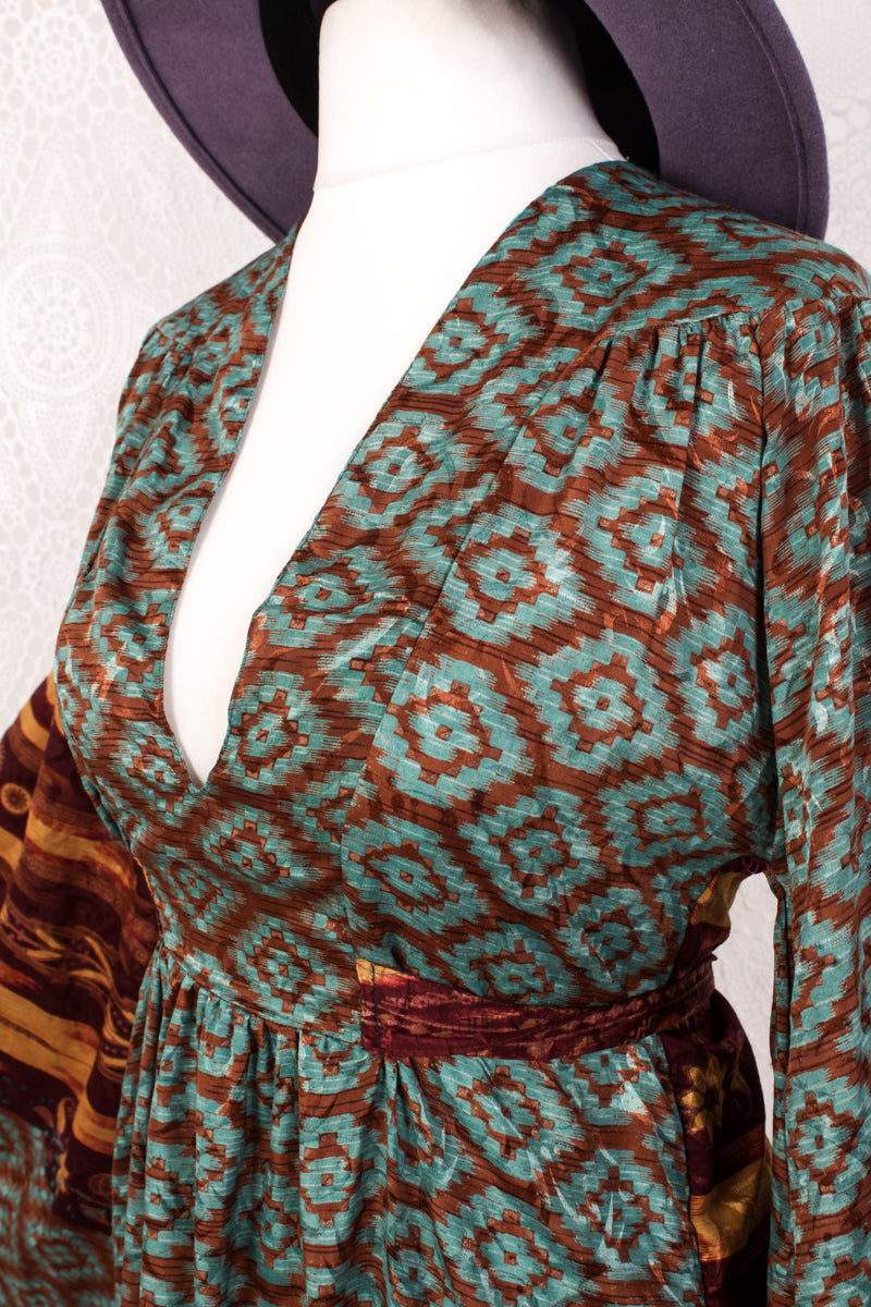 Stevie Maxi Dress - Vintage Indian Sari - Clay, Teal, Plum & Yellow Shimmer - XS