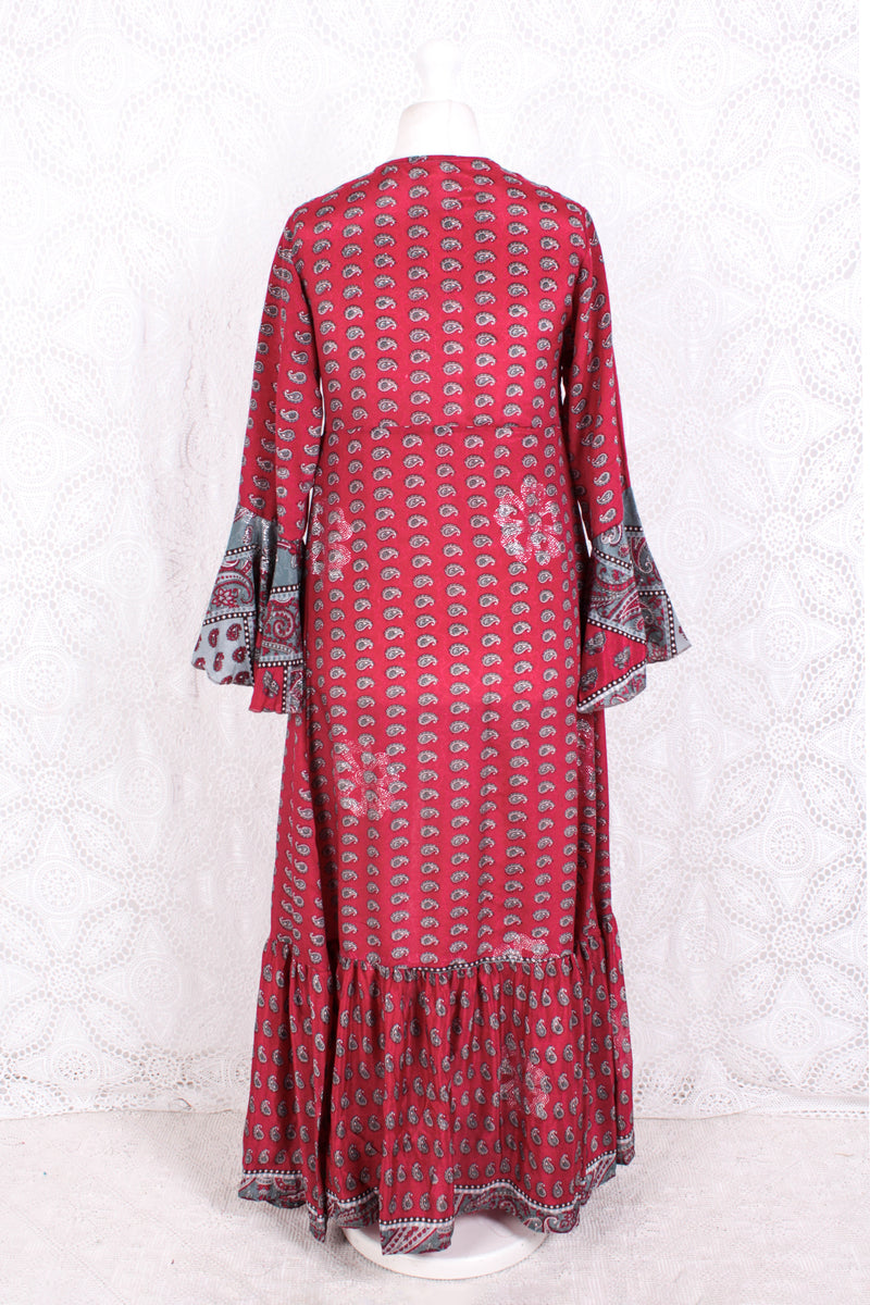 Sylvia Wrap Dress - Vintage Indian Sari - Pink & Silver Paisley (XS - S)