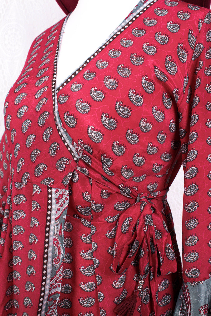Sylvia Wrap Dress - Vintage Indian Sari - Pink & Silver Paisley (XS - S)