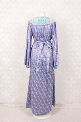 Stevie Maxi Dress - Vintage Indian Sari - Icy Blue & Violet Floral Shimmer - XS