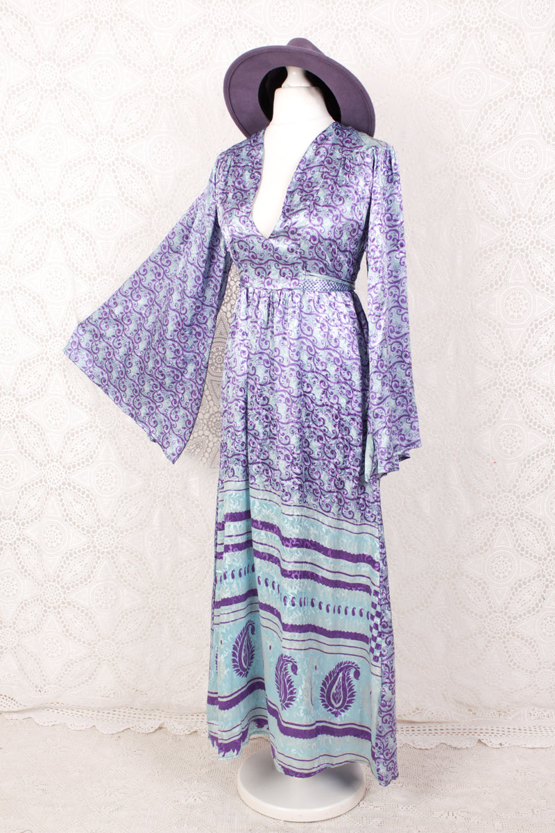Stevie Maxi Dress - Vintage Indian Sari - Icy Blue & Violet Floral Shimmer - XS