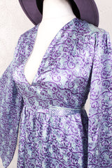 Stevie Maxi Dress - Vintage Indian Sari - Icy Blue & Violet Floral Shimmer - XS