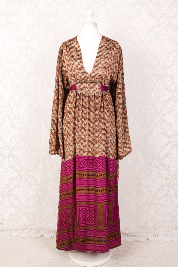 Stevie Maxi Dress - Vintage Indian Sari - Earth Tones & Crushed Blueberry - XL