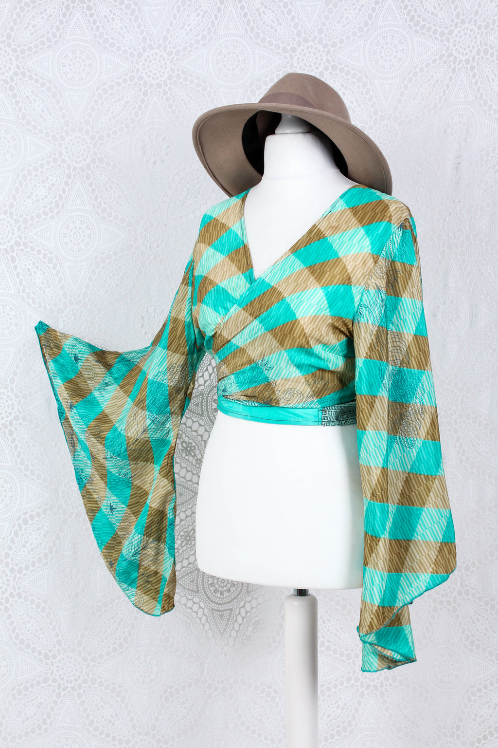 Gemini Wrap Top -  Vintage Indian Sari - Gold & Aqua Blue - Free Size
