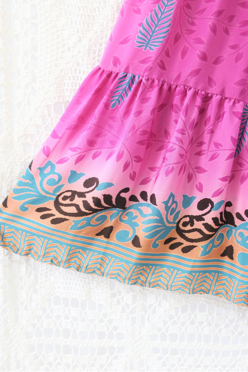 Rosie Maxi Skirt - Vintage Indian Sari - Fuchsia & Bronze Faded Fern Print - XXS-M/L