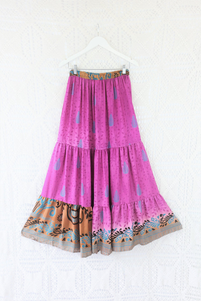 Rosie Maxi Skirt - Vintage Indian Sari - Fuchsia & Bronze Faded Fern Print - XXS-M/L