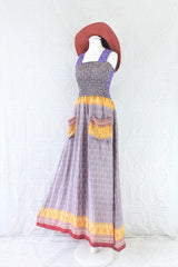 Farrah Dress - Ruched Strappy Dress with Pockets - Mauve & Sunshine Motif - (Free Size S/M)