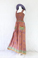 Farrah Dress - Ruched Strappy Dress with Pockets - Pastel Orange & Purple Zig Zag Floral - (Free Size S/M)