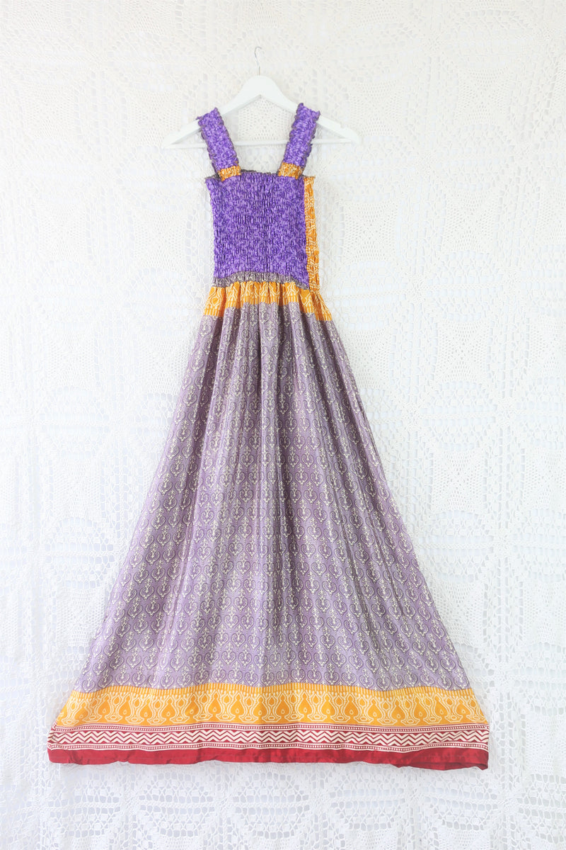 Farrah Dress - Ruched Strappy Dress with Pockets - Mauve & Sunshine Motif - (Free Size S/M)
